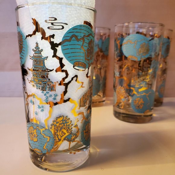 Set of 4 Vtg Dominion MCM Highball Tumbler Asian Turquoise Gold Drinking Glasses - Picture 3 of 15